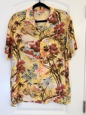 Vintage Michael Gerald Hawaiian Shirt Mens L Yellow Pink Tropical 1960s Vacation